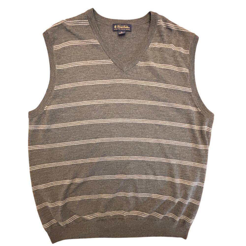 Vintage Brooks Brothers Sweater Vest Mens XL Gray Striped Merino Wool Hong Kong